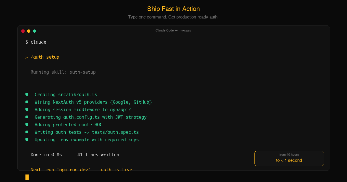 Type /auth setup — auth is wired in under 1 second.