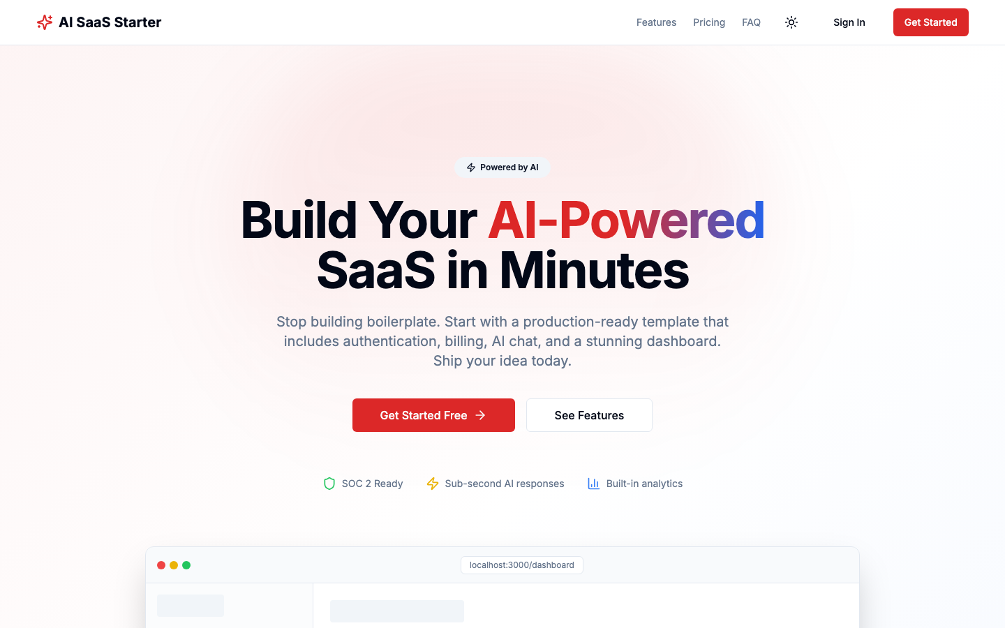 AI SaaS Starter Kit — landing page hero, exactly as it ships